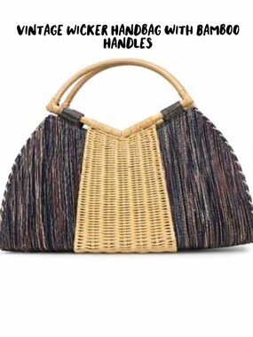 Vintage Wicker Handbag  features prominent bamboo handles